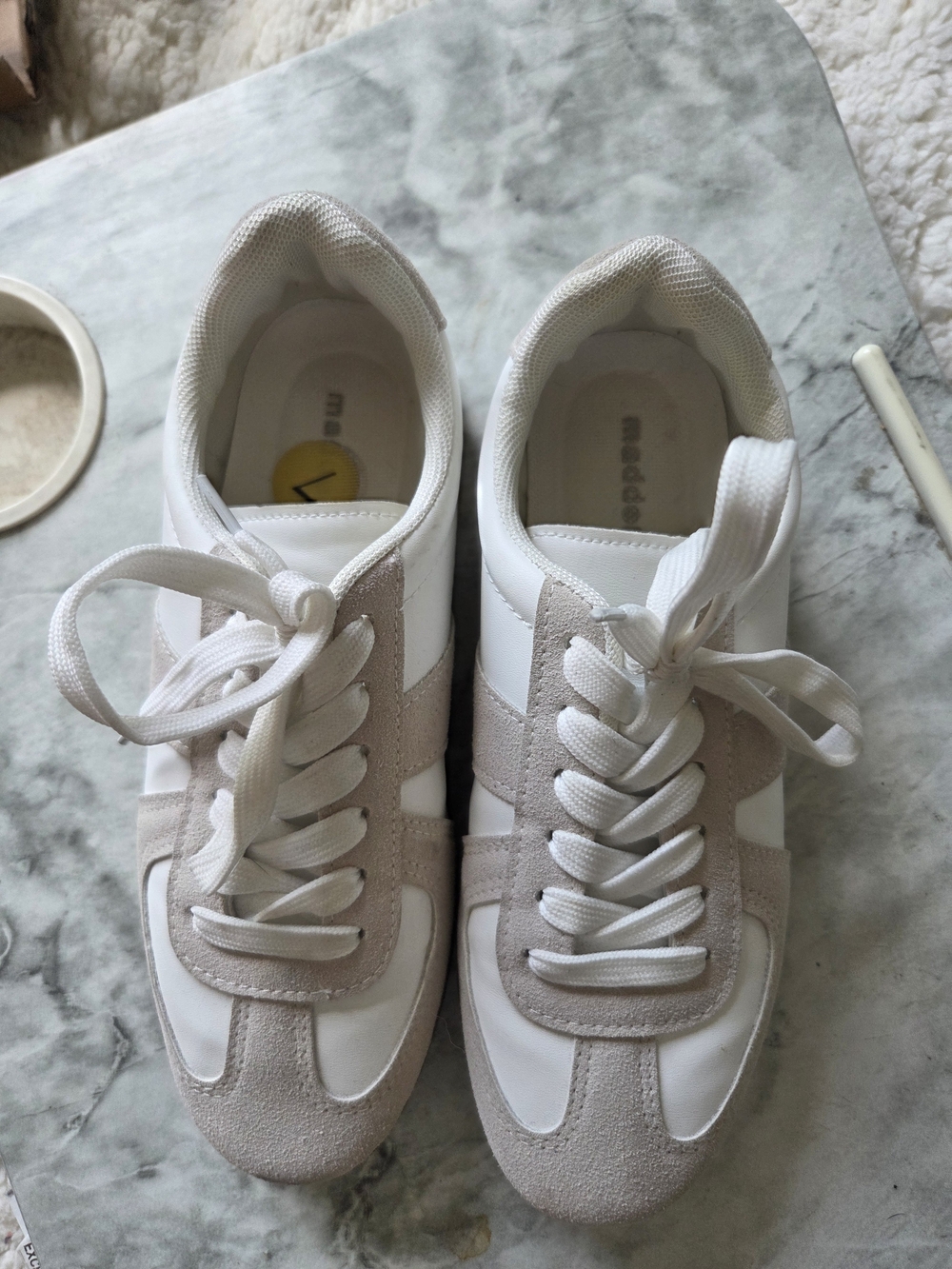 Madden Girl White Sneakers with Light Taupe Suede Accents